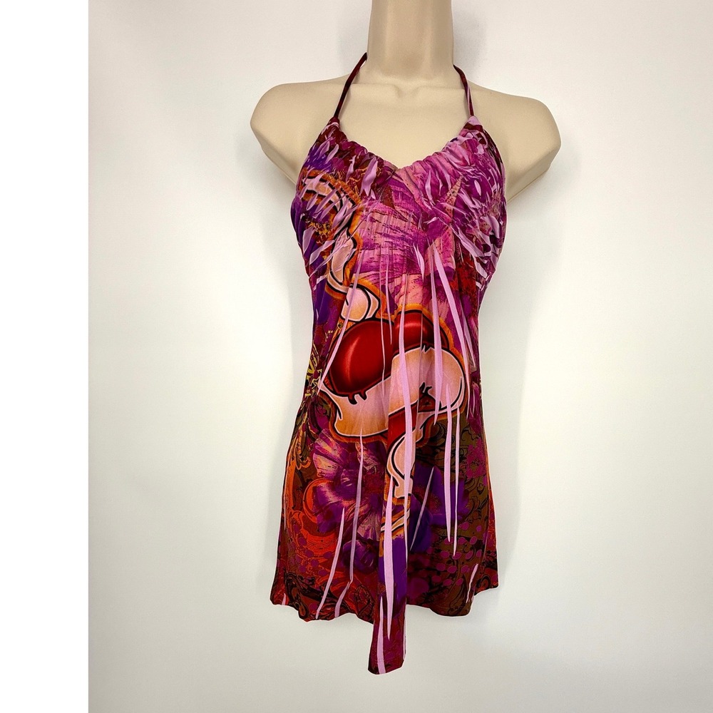 Y2K Halter Mini Dress Purple Pink Heart‎ Graphic Fairycore Club Festival